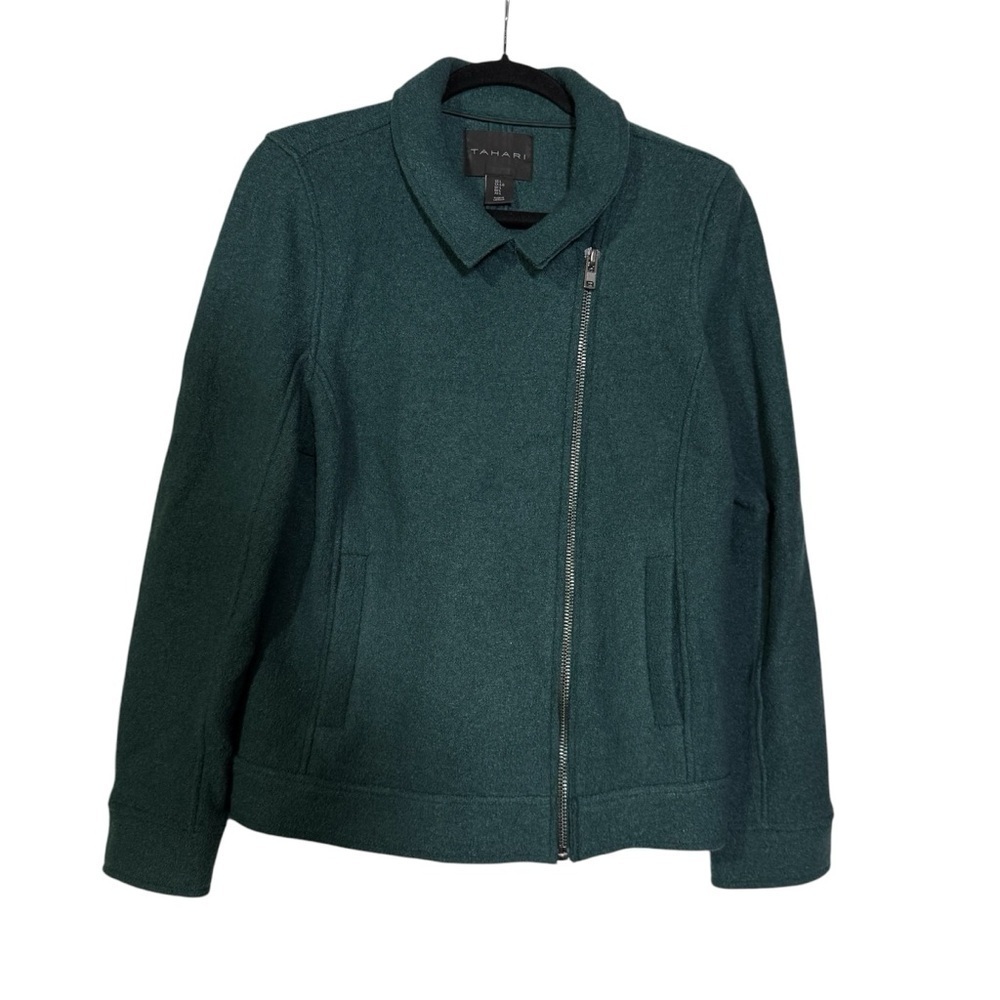Tahari Moto Sweater Jacket Boiled Wool Green Size Large Textured Pockets